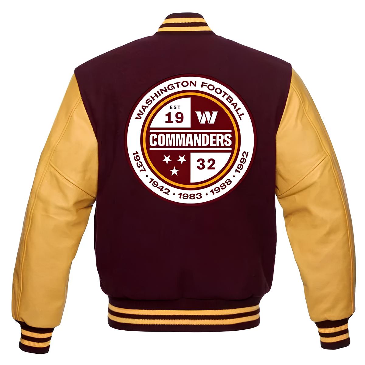 NFL Washington Commanders Maroon Body Golden Leather Sleeves Jacket Varsity Jacket