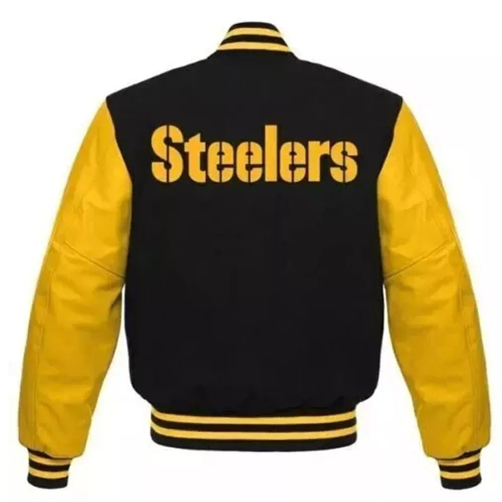 NFL Pittsburgh Steelers Black Body Golden Leather Sleeves Jacket Varsity Jacket