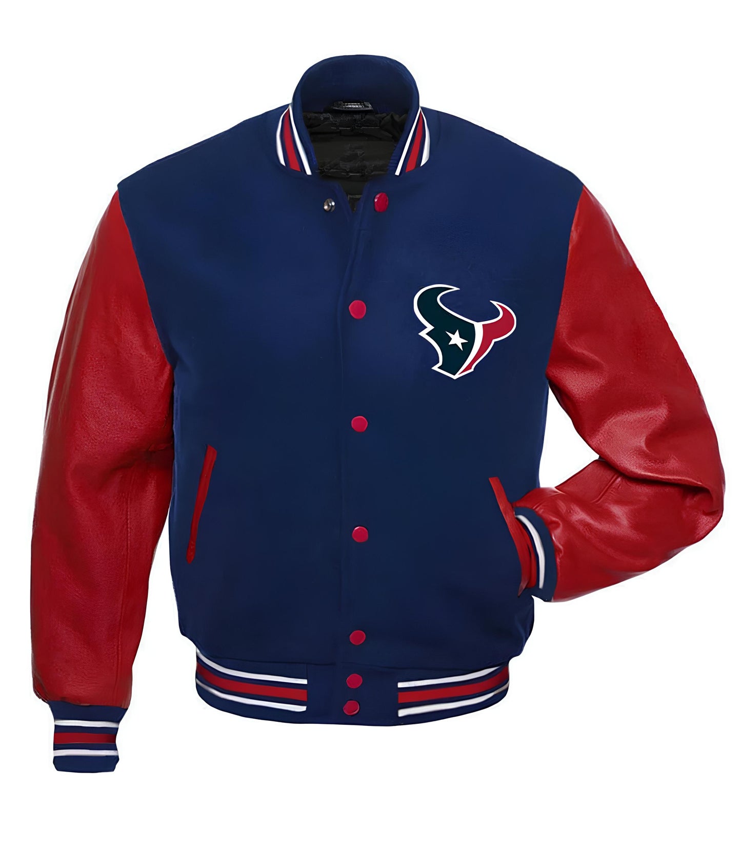 NFL Houston Texans Navy Blue Body Red Leather Sleeves Jacket Varsity Jacket