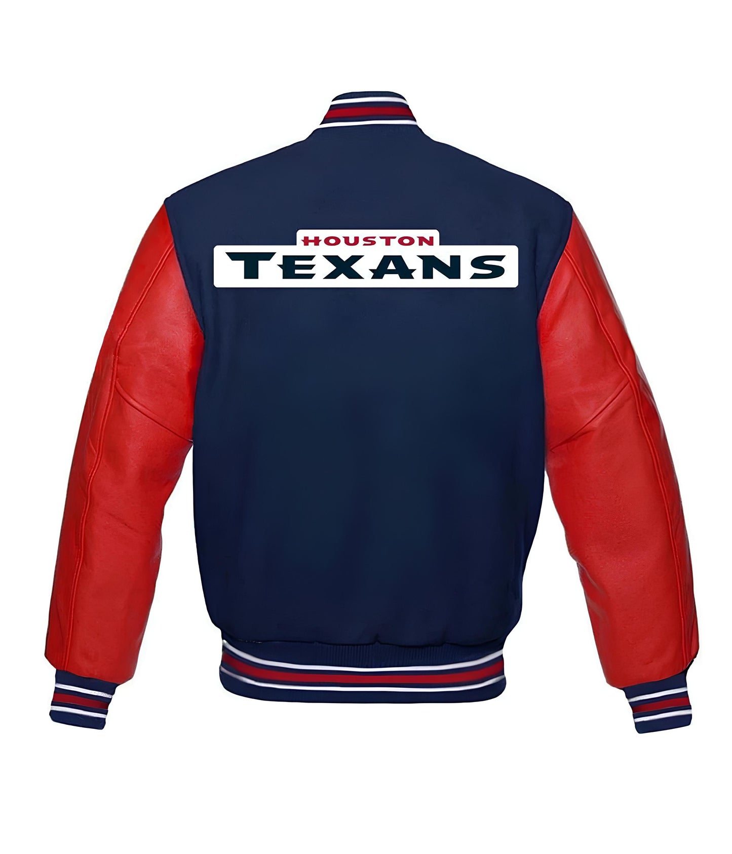 NFL Houston Texans Navy Blue Body Red Leather Sleeves Jacket Varsity Jacket