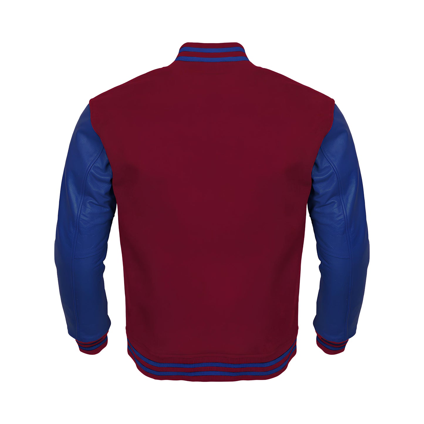 Maroon Body Blue Leather Sleeves Jacket Varsity Jacket Custom Made Jacket