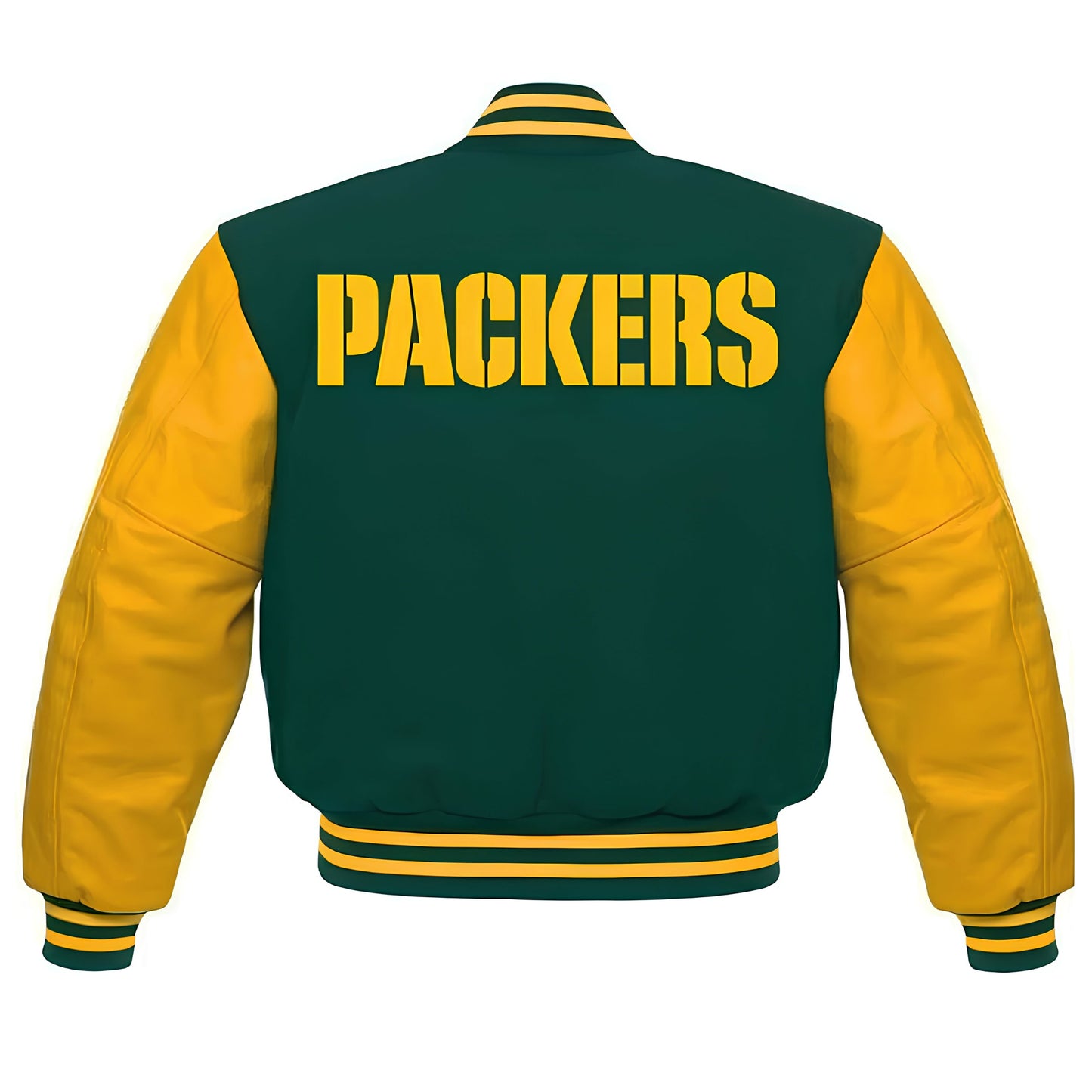 NFL Green Bay Packers - Forest Green Body Gold Leather Sleeves Jacket Varsity Jacket