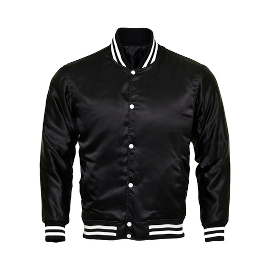 Black Satin  Baseball Jacket Varsity Jacket Letterman Jacket