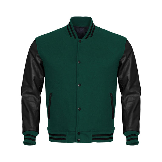 Green Body Black Leather Sleeves Jacket Varsity Jacket Custom Made Jacket