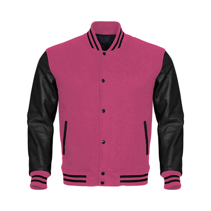 Pink Body Black Leather Sleeves Jacket Varsity Jacket Custom Made Jacket