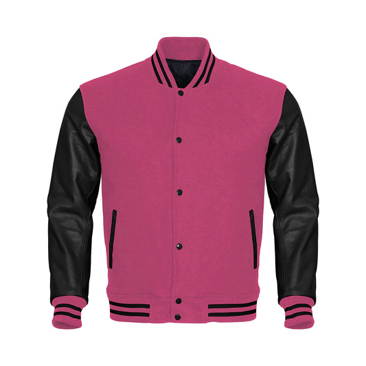 Pink Body Black Leather Sleeves Jacket Varsity Jacket Custom Made Jacket