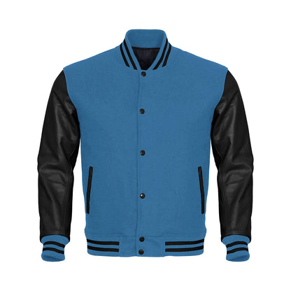 Sky Blue Body Black Leather Sleeves Jacket Varsity Jacket Custom Made Jacket