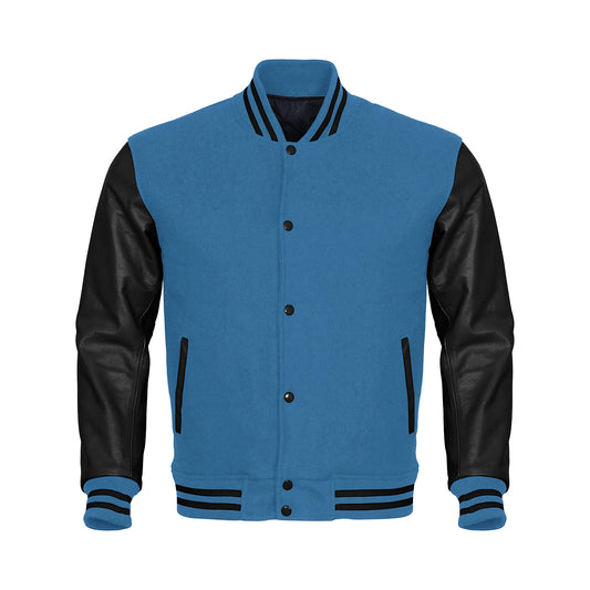 Sky Blue Body Black Leather Sleeves Jacket Varsity Jacket Custom Made Jacket