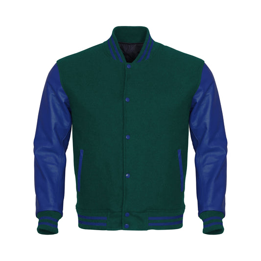 Green Body Blue Leather Sleeves Jacket Varsity Jacket Custom Made Jacket
