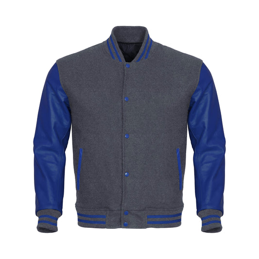 Gray Body Blue Leather Sleeves Jacket Varsity Jacket Custom Made Jacket
