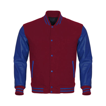 Maroon Body Blue Leather Sleeves Jacket Varsity Jacket Custom Made Jacket