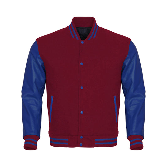 Maroon Body Blue Leather Sleeves Jacket Varsity Jacket Custom Made Jacket