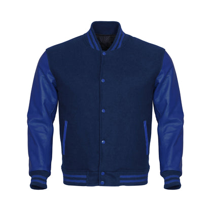 Navy Blue  Body Blue Leather Sleeves Jacket Varsity Jacket Custom Made Jacket