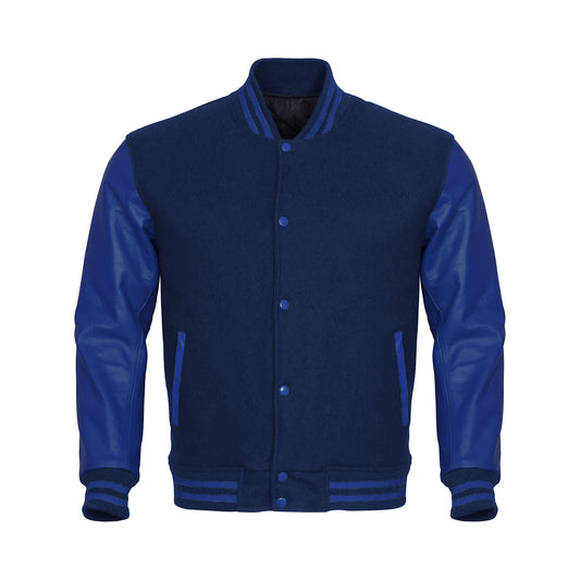 Navy Blue  Body Blue Leather Sleeves Jacket Varsity Jacket Custom Made Jacket