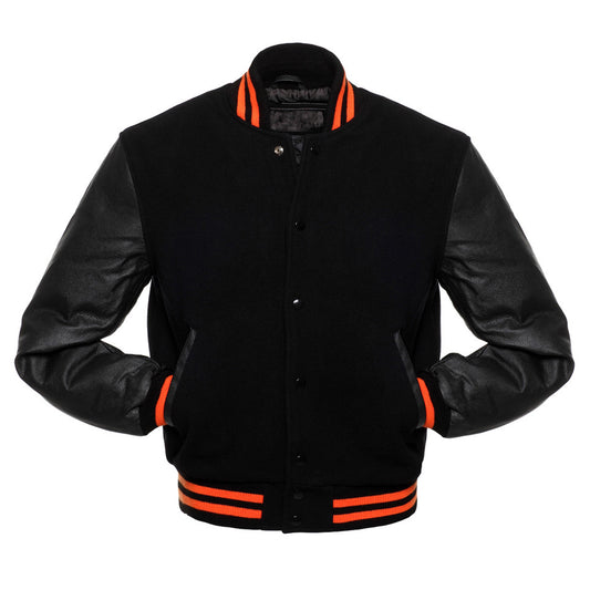 Black Blue Body Black Leather Sleeves Jacket Varsity Jacket Custom Made Jacket