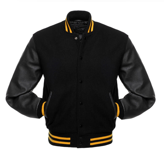 Black Blue Body Black Leather Sleeves Jacket Varsity Jacket Custom Made Jacket