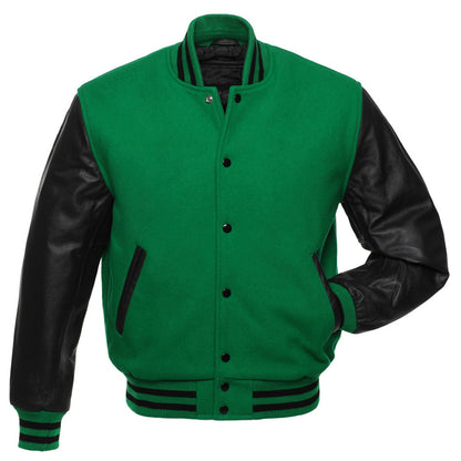 Green Body Black Leather Sleeves Jacket Varsity Jacket Custom Made Jacket