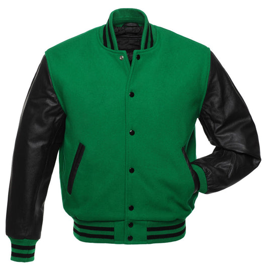 Green Body Black Leather Sleeves Jacket Varsity Jacket Custom Made Jacket