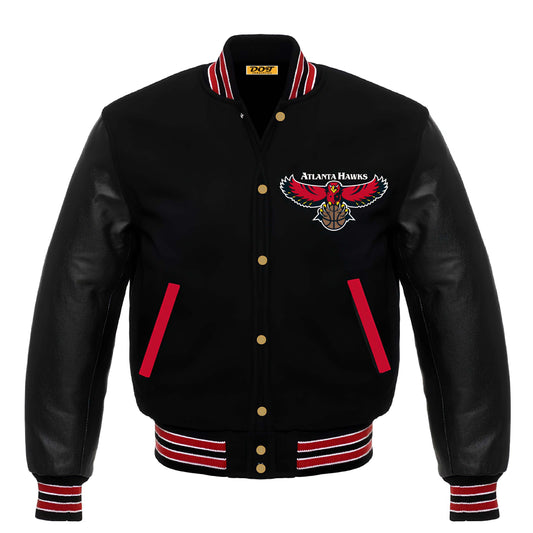 Atlanta Hawks Black Body Black Leather Sleeves Jacket Varsity Jacket letterman Jacket