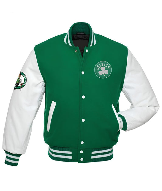 Boston Celtics Green Body White Leather Sleeves Jacket
