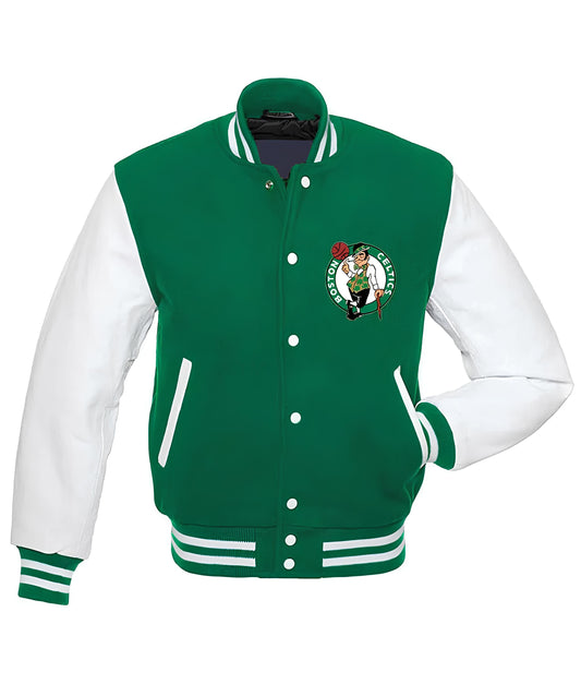 Boston Celtics Green Body White Leather Sleeves Jacket