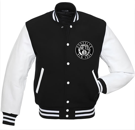 Brooklyn Nets Black Body White Leather Sleeves Jacket