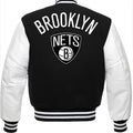 Brooklyn Nets Black Body White Leather Sleeves Jacket