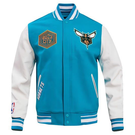Charlotte Hornets Sky Blue Body White Leather Sleeves Jacket Varsity Jacket Baseball Jacket