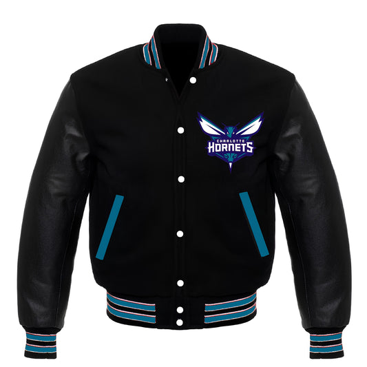 Charlotte Hornets Black Body Black Leather Sleeves Jacket varsity Jacket Custom Made jacket