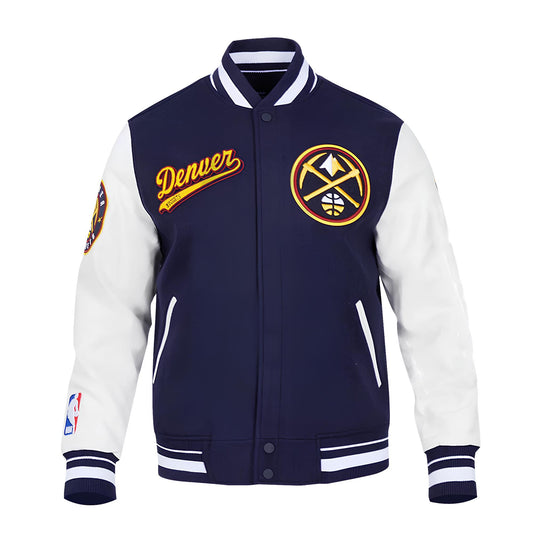 Denver Nuggets Navy Blue Body White Leather Sleeves Varsity Jacket Custom Made jacket  Letterman Jacket