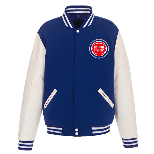 Detroit Pistons Royal Blue Body White  Leather Sleeves Varsity Jacket Custom Made jacket  Letterman Jacket