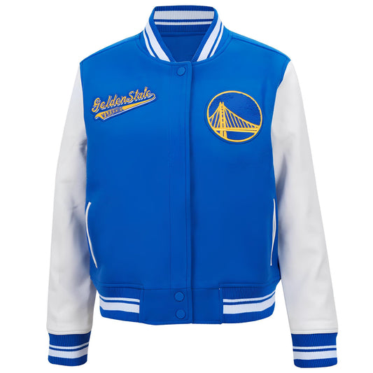 Golden State Warriors Royal Blue Body White Leather Sleeves Varsity Jacket Custom Made jacket  Letterman Jacket