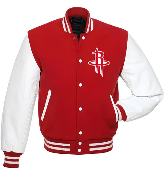 Houston Rockets Red Body White Leather Sleeves Varsity Jacket Custom Made jacket  Letterman Jacket