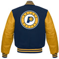 Indiana Pacers Navy Blue Body Gold leather Sleeves Varsity Jacket Custom Made jacket  Letterman Jacket