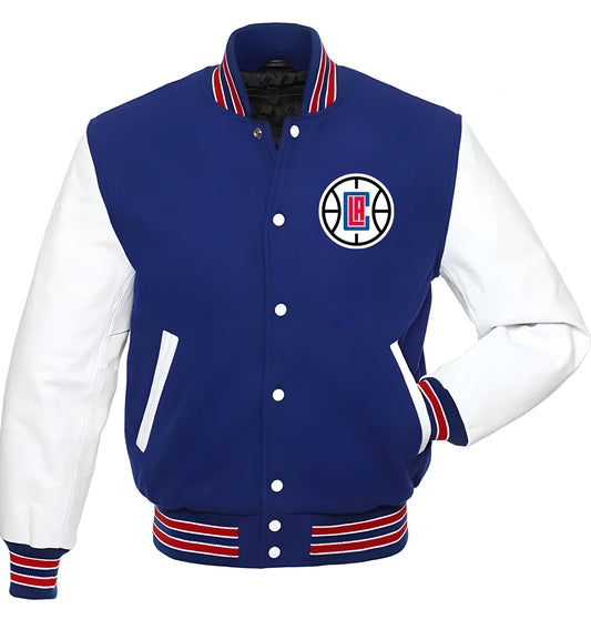 Los Angeles Clippers Royal Blue Body White leather Sleeves Varsity Jacket Custom Made jacket  Letterman Jacket