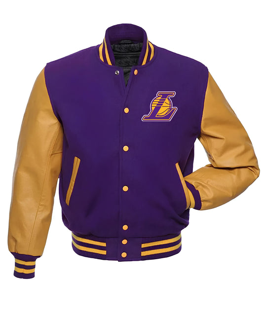Los Angeles Lakers Purple Body Gold leather Sleeves Varsity Jacket Custom Made jacket  Letterman Jacket