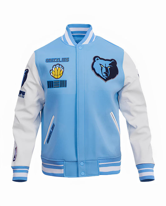 Memphis Grizzlies Sky Blue Body White Leather Sleeves Varsity Jacket Custom Made jacket  Letterman Jacket
