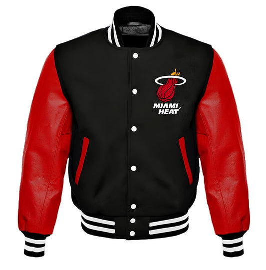 Miami Heat Black Body Red Leather Sleeves Jacket Varsity Jacket Custom Made jacket Letterman Jacket