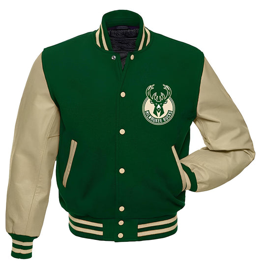 Milwaukee Bucks Green Body Cream Leather Sleeves Jacket Varsity Jacket Custom Made jacket Letterman Jacket
