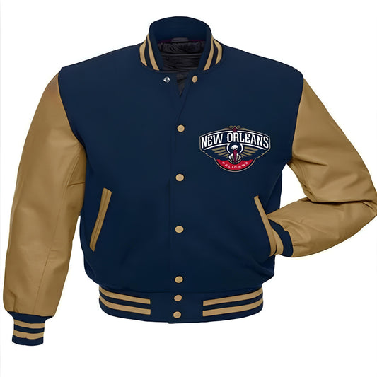 New Orleans Pelicans Navy Blue Body Cream Leather Sleeves Jacket Varsity Jacket Custom Made Jacket Letterman Jacket