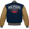 New Orleans Pelicans Navy Blue Body Cream Leather Sleeves Jacket Varsity Jacket Custom Made Jacket Letterman Jacket