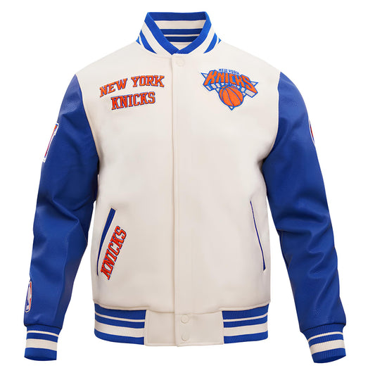 New York Knicks Off White Body Royal Blue Leather Sleeves Jacket Varsity Jacket Custom Made Jacket Letterman Jacket