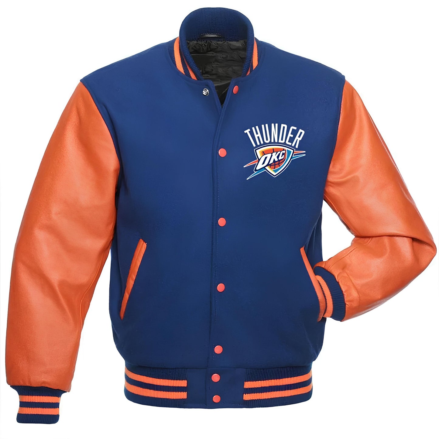 Oklahoma City Thunder Navy Blue Body Orange Leather Sleeves Jacket Varsity Jacket Custom Made Jacket Letterman Jacket