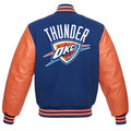Oklahoma City Thunder Navy Blue Body Orange Leather Sleeves Jacket Varsity Jacket Custom Made Jacket Letterman Jacket