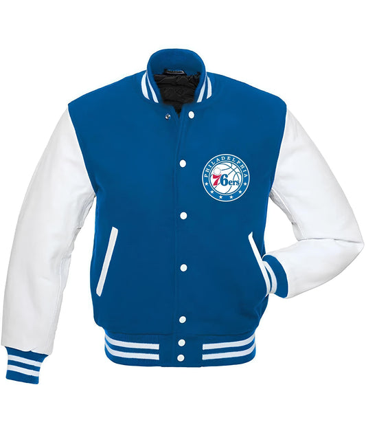 Philadelphia 76ers Royal Blue Body White Leather Sleeves Jacket Varsity Jacket Custom Made Jacket Letterman Jacket