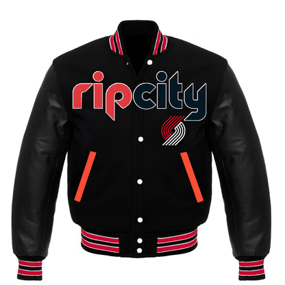 Portland Trail Blazers Black Body Black Leather Sleeves Jacket Varsity Jacket Custom Made jacket  Letterman Jacket