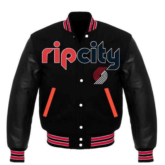 Portland Trail Blazers Black Body Black Leather Sleeves Jacket Varsity Jacket Custom Made jacket  Letterman Jacket