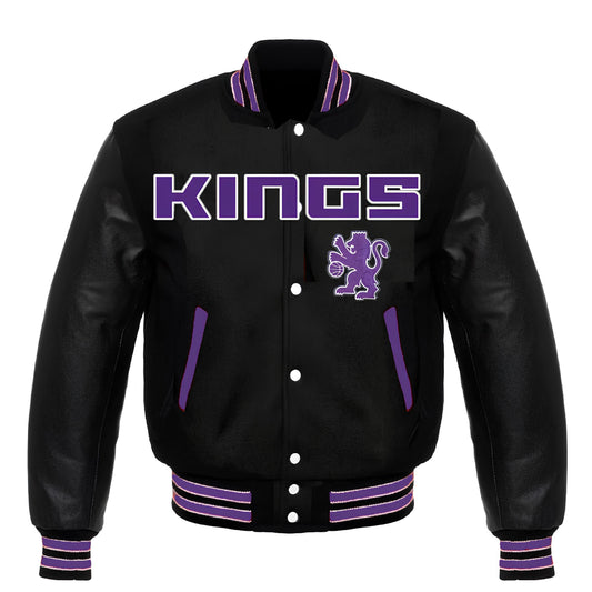 Sacramento Kings Black Body Black Leather Sleeves Jacket Varsity Jacket Custom Made Jacket Letterman Jacket