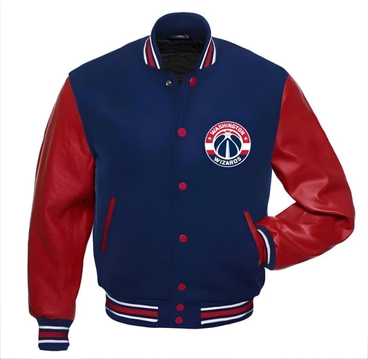 Washington Wizards Navy Blue Body Red Leather Sleeves Jacket Varsity Jacket Custom Made Jacket Letterman Jacket