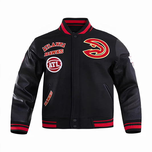 Atlanta Hawks Black Body Black Leather Sleeves Jacket Varsity Jacket letterman Jacket